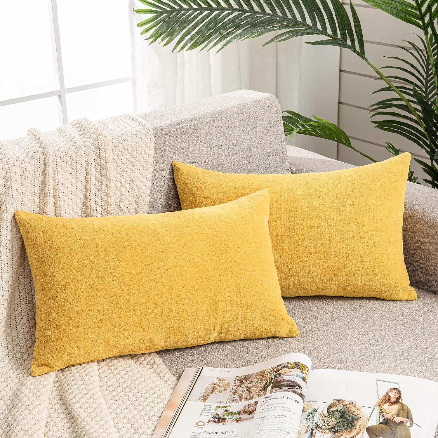 Gawamay Lumbar Pillow Cover Decorative Throw Pillow Covers 12"x20" Inch Set of 2, Super Soft Chenille Pillowcase for Living Room Bedroom So…