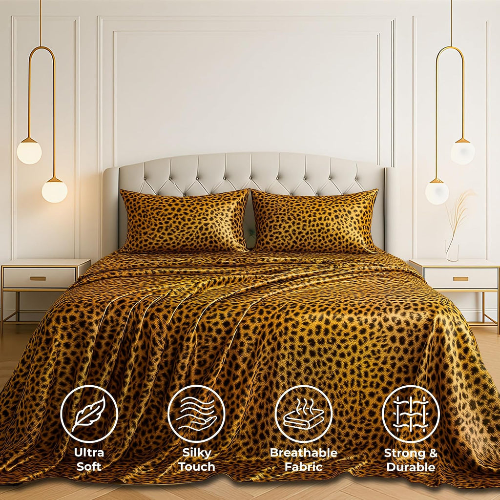 PureBedding Satin Sheets King [4-Piece, Gold Leopard] Hotel Luxury Silky Bed Sheets - Extra Soft 1800 Microfiber Sheet Set, Wrinkle, Fade,…