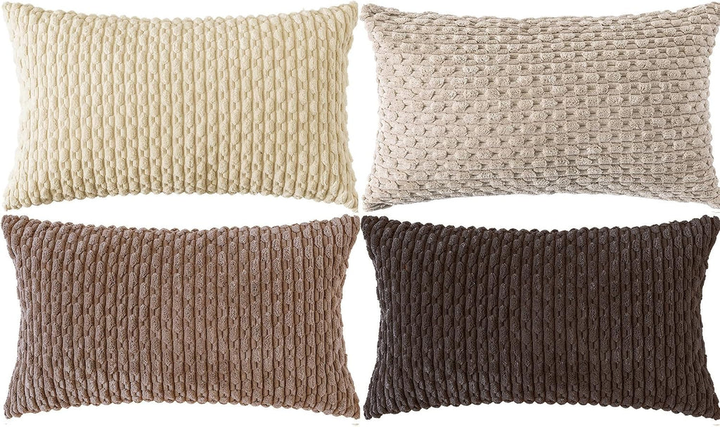 Cozoomy Set of 4 Beige Brown Coffee Decorative Throw Pillow Covers 12x20 Inch Corduroy Pillow Covers for Bed Couch Sofa Living Room Soft Cu…