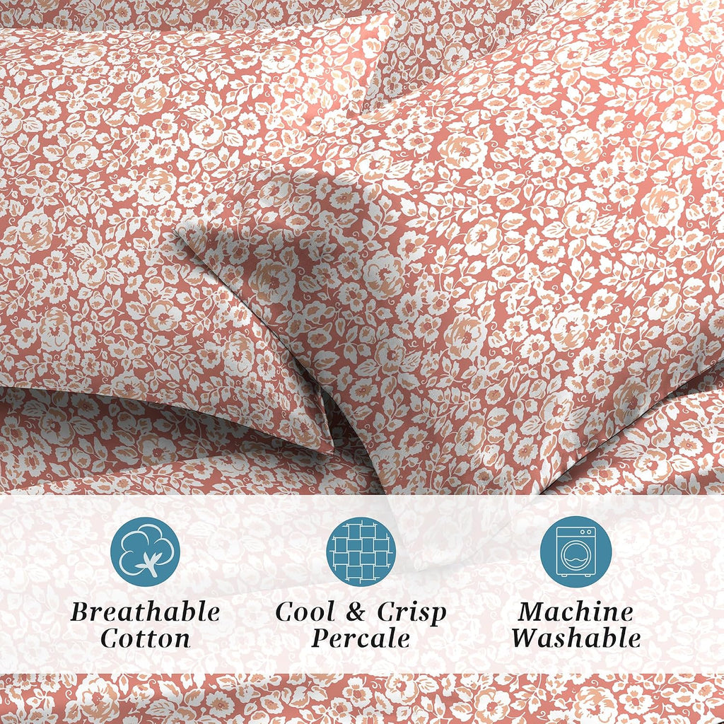 WelhomeByWelspun Welhome 100% Cotton Percale 4-Piece Queen Size Printed Bed Sheets Set, 1 Fitted, 1 Flat Sheet with 2 Pillowcases, Imprint…