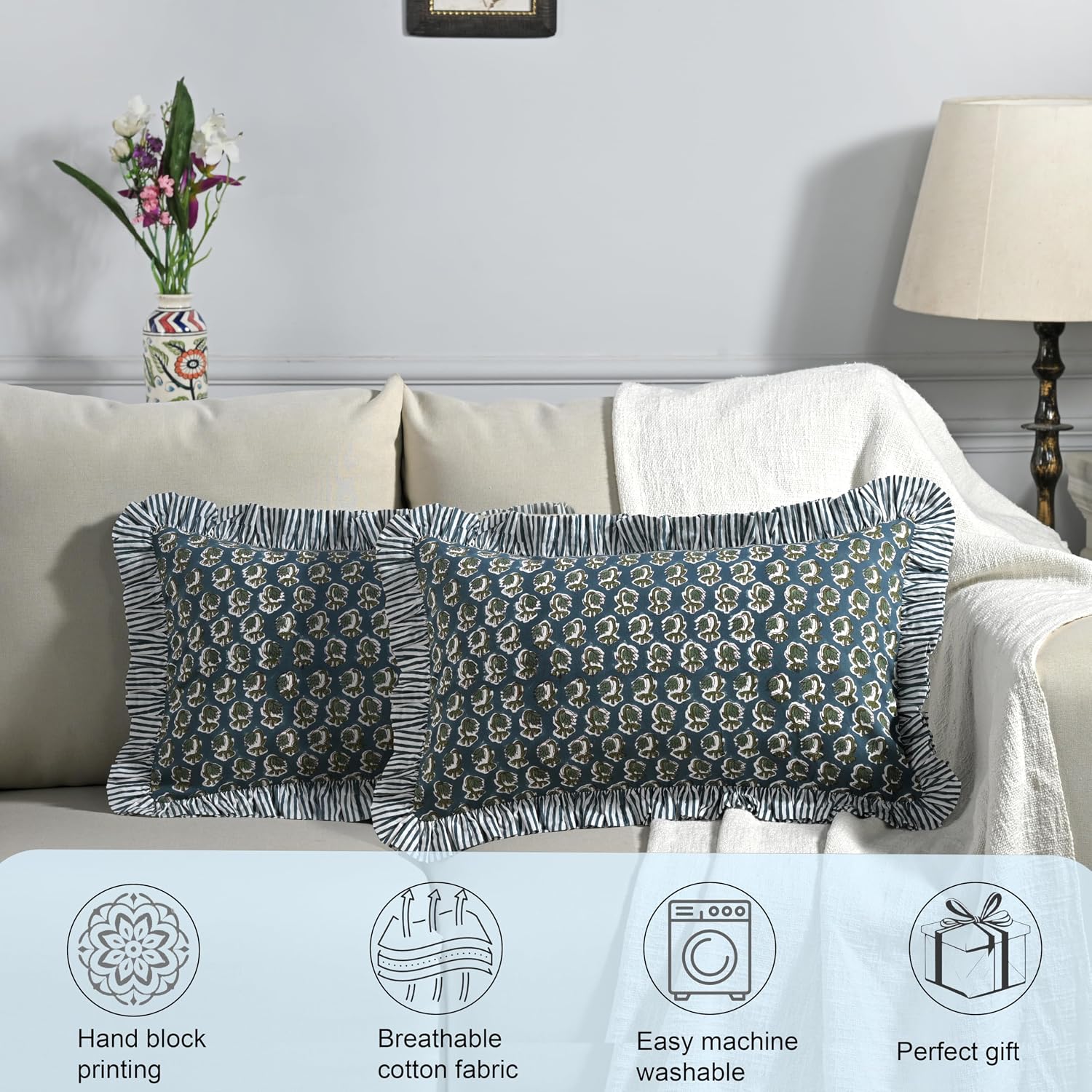 Ridhi Block Print Peacock Blue 20"x12" Set 1-100% Cotton Ruffle Lumbar Sham Cover Boho Floral Pillowcase, Farmhouse Cottagecore Bedding…