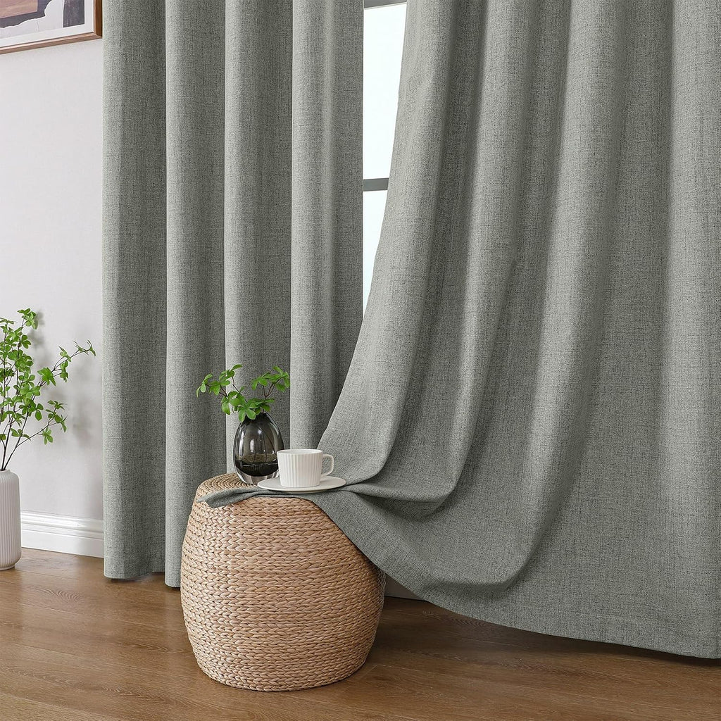 Cucraf 100% Blackout Curtains 90 inches Length 2 Panels Set, Room Darkening Linen Textured Curtain Grommet for Bedroom Living Room, Light B…