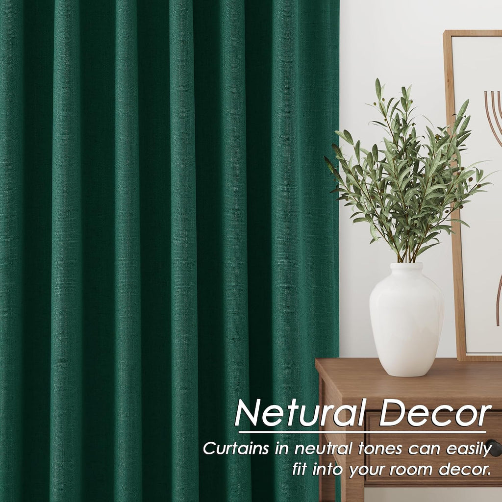 Nanspring Dark Green 100% Blackout Linen Curtains for Bedroom 90 Inches Long Back Tab Thermal Insulated Vintage Boho Decor Black Out Curtai…