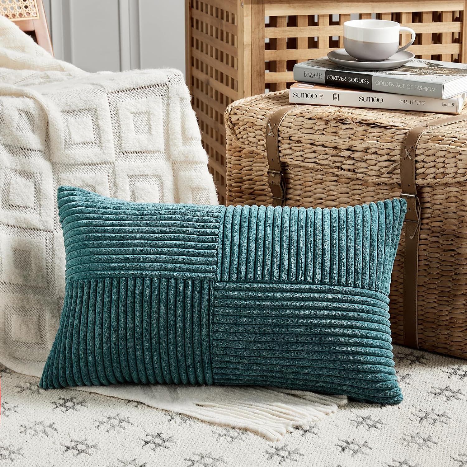 Fancy Homi 2 Packs Teal Long Lumbar Decorative Throw Pillow Covers 12x24 Inch for Couch Bed Sofa, Rustic Farmhouse Boho Home Decor, Soft…