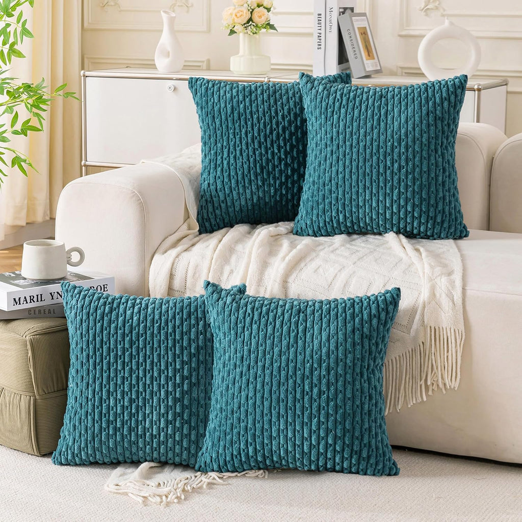 Cozoomy Set of 4 Teal Decorative Throw Pillow Covers 20x20 Inch Corduroy Pillow Covers for Bed Couch Sofa Living Room Soft Square Cushion C…