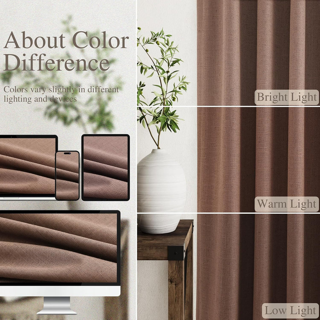 Nanspring Caramel Brown 100% Blackout Linen Curtains for Bedroom 96 Inches Long Back Tab Rod Pocket Thermal Insulated Vintage Black Black O…