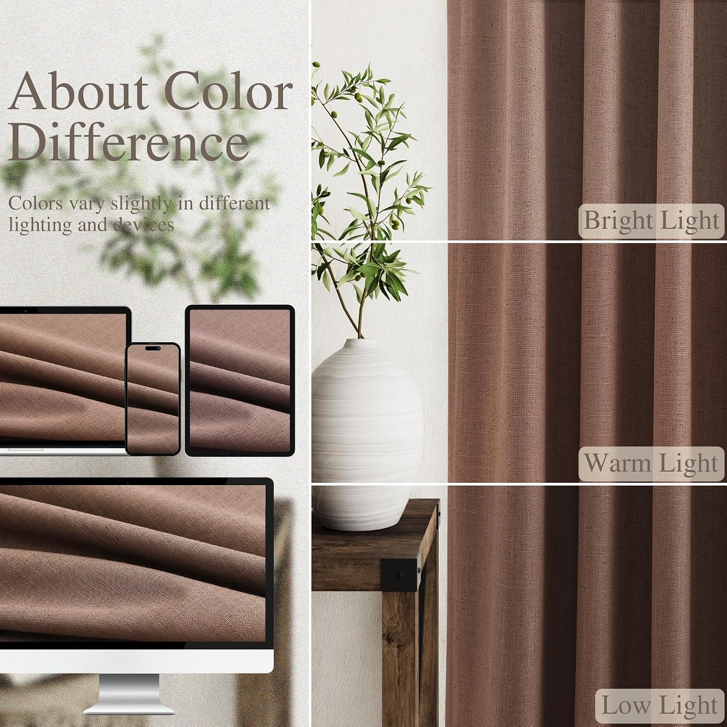 Nanspring Caramel Brown 100% Blackout Linen Curtains for Bedroom 96 Inches Long Back Tab Rod Pocket Thermal Insulated Vintage Black Black O…