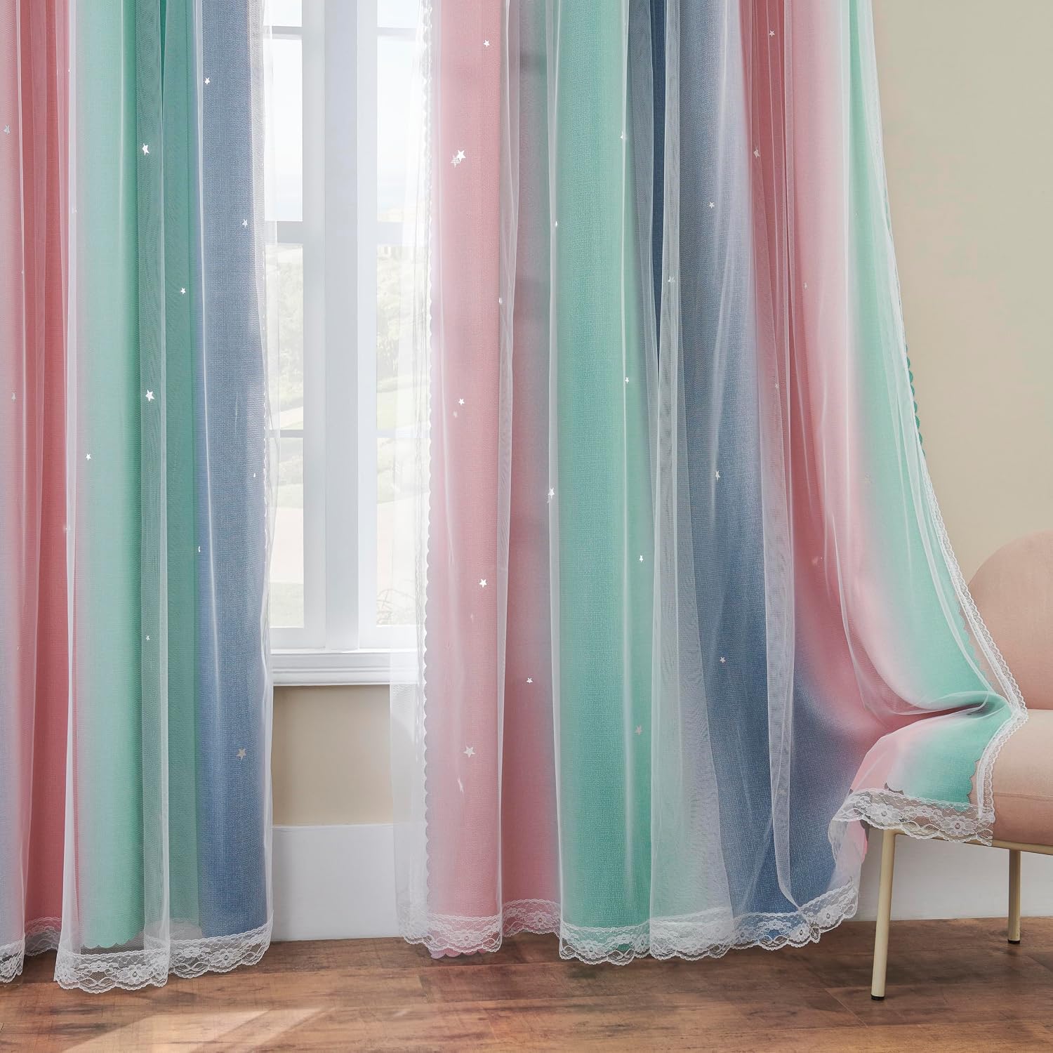 Addsomecolortolife XiDi Pink Grey Girls Curtains for Bedroom, Childs Room Wall Decor Curtain, Nursery Blackout Curtains, Kids Bedroom Green…