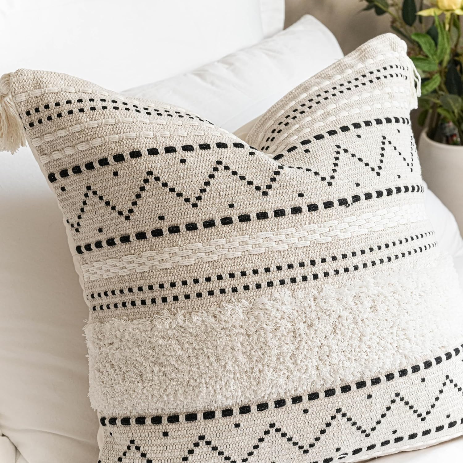 BlissBlush 18X18 Throw Pillow Cover, Cream Neutral Square Decorative Cushion Cover with Black Pattern, Boho Accent Pillowcase with Tufted…