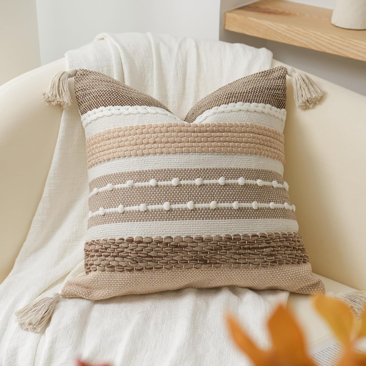 BlissBlush Brown Decorative Throw Pillow Cover 20x20 Square Boho Accent Pillowcase Tassels Farmhouse Cushion for Couch Sofa Bedroom…