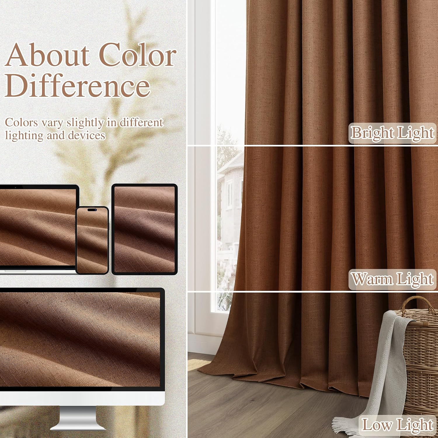 Guken Caramel Brown 100% Blackout Linen Curtains 120 Inch Length 2 Panels Set for Living Room Bedroom Back Tab/Rod Pocket Thermal Insulated…