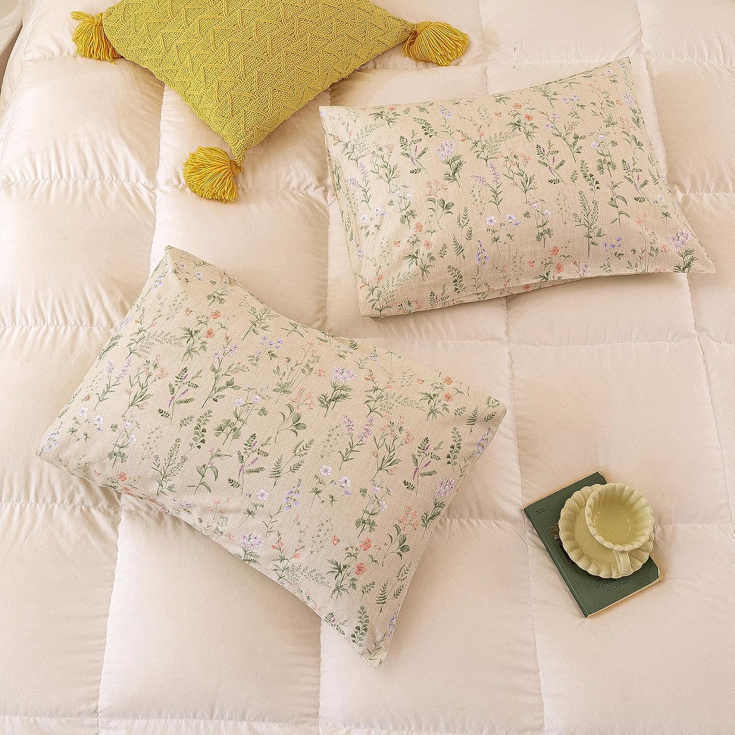 ECOCOTT Floral Pillowcases King Size Set of 2, 100% Washed Cotton Pillow Cases with Envelope Closure, Beige Botanical Wildflower Printed…