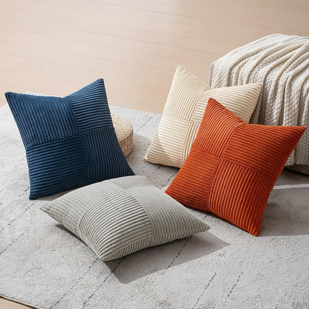 Miulee Blue Rust Throw Pillow Covers 18x18 Inch Set of 4 Boho Farmhouse Cushion Cases Soft Corduroy Nordic Corduroy Pillow Cases Patchwork…