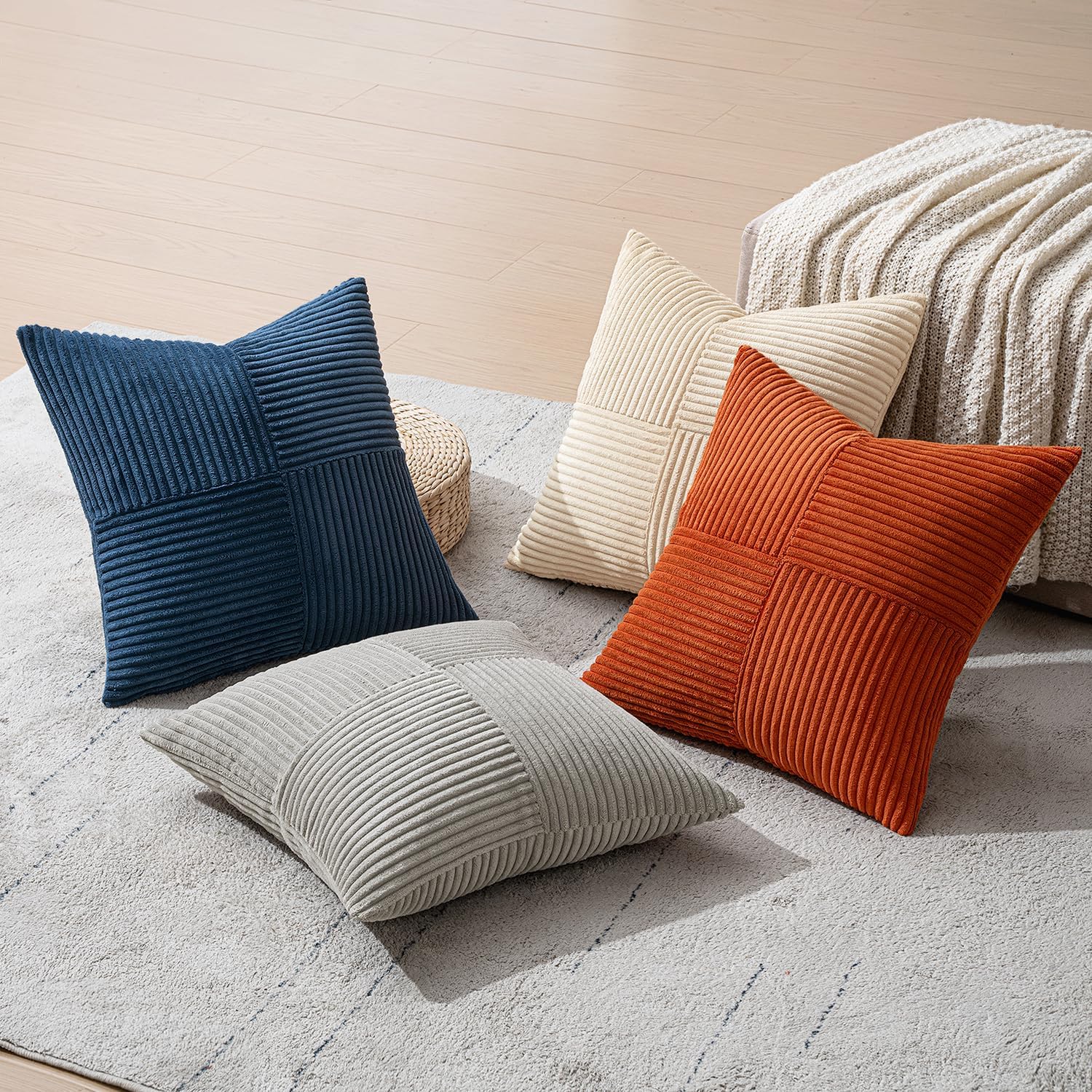 Miulee Blue Rust Throw Pillow Covers 18x18 Inch Set of 4 Boho Farmhouse Cushion Cases Soft Corduroy Nordic Corduroy Pillow Cases Patchwork…
