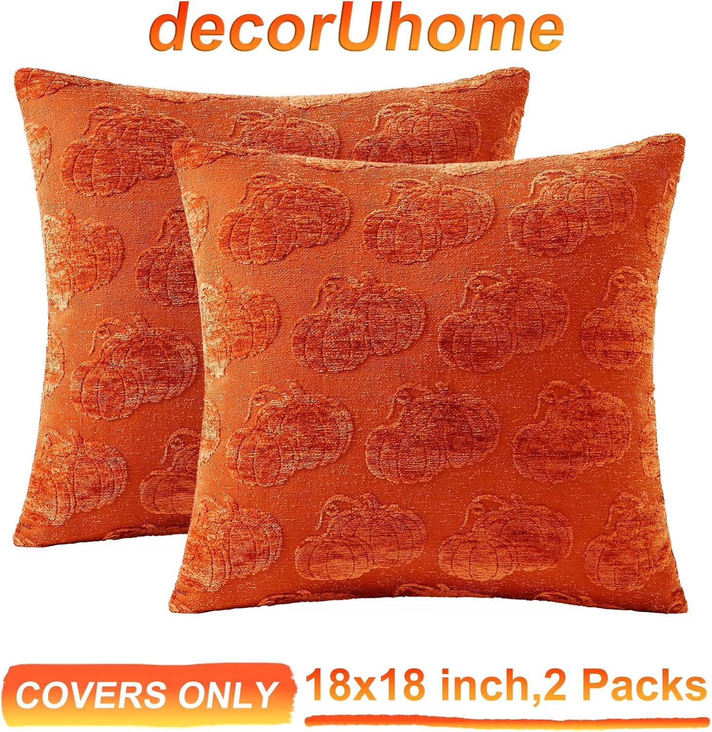 decorUhome Decorative Two Rust Pumpkins Thanksgiving Throw Pillow Covers 18x18 Set of 2, Soft Chenille Jacquard Farmhouse Textured Pillow…