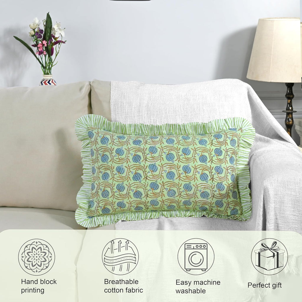 Ridhi Block Print Apple Green Floral 20"x12" Set 1-100% Cotton Ruffle Lumbar Sham Cover Boho Floral Pillowcase, Farmhouse Cottagecore…