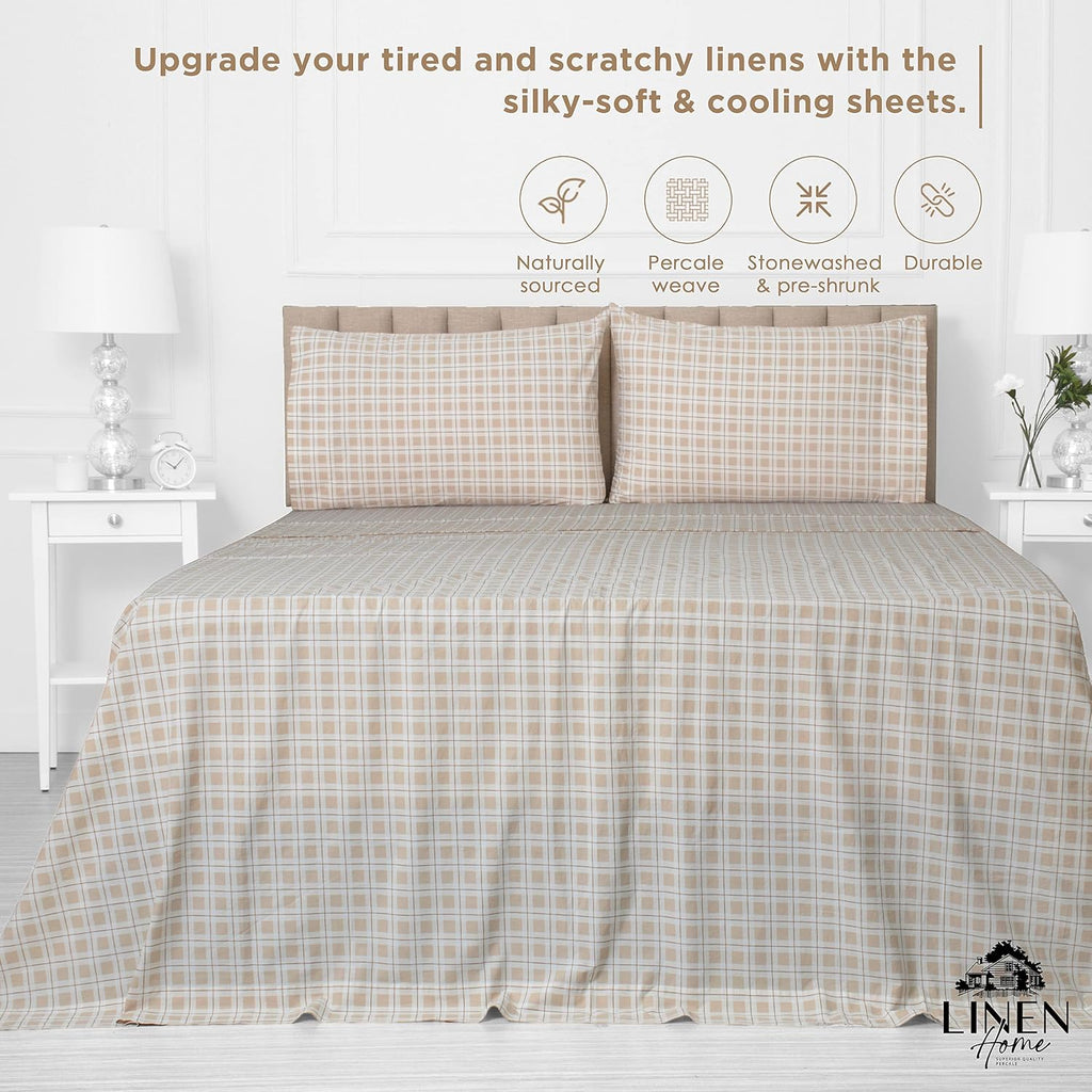 Linen Home Cotton Lyocell Blend Percale Sheet Set Queen Size - 4 Piece Deep Pocket Bedding, Pre-Washed & Shrunk, Crisp Cooling Fabric…