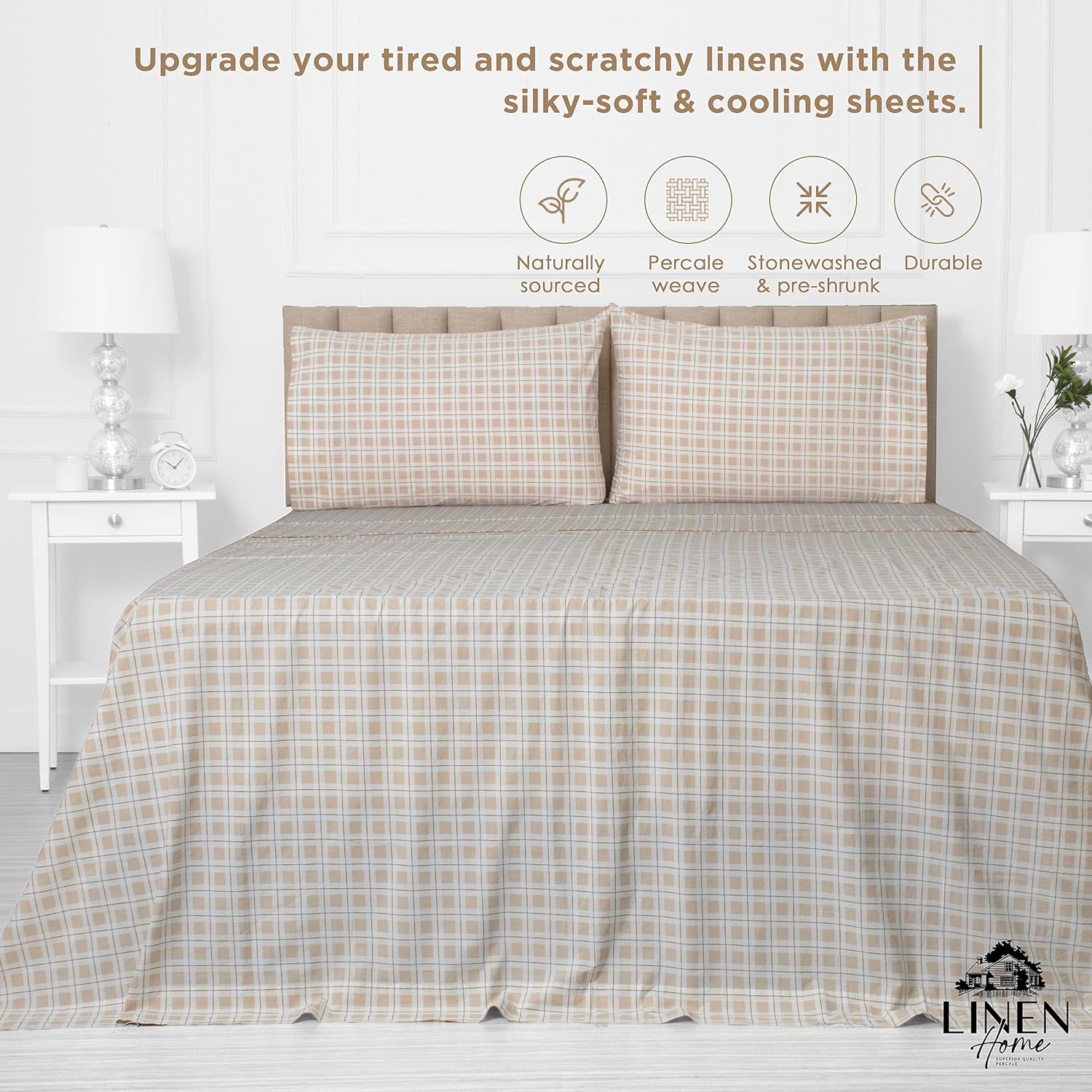 Linen Home Cotton Lyocell Blend Percale Sheet Set Queen Size - 4 Piece Deep Pocket Bedding, Pre-Washed & Shrunk, Crisp Cooling Fabric…