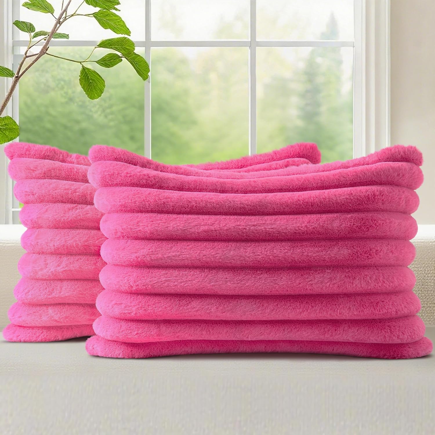 decorUhome Summer Cozy Faux Fur Throw Pillow Covers 12x20 Set of 2 Decorative Soft Plush Striped Lumbar Modern Farmhouse Boho Couch Pillow…