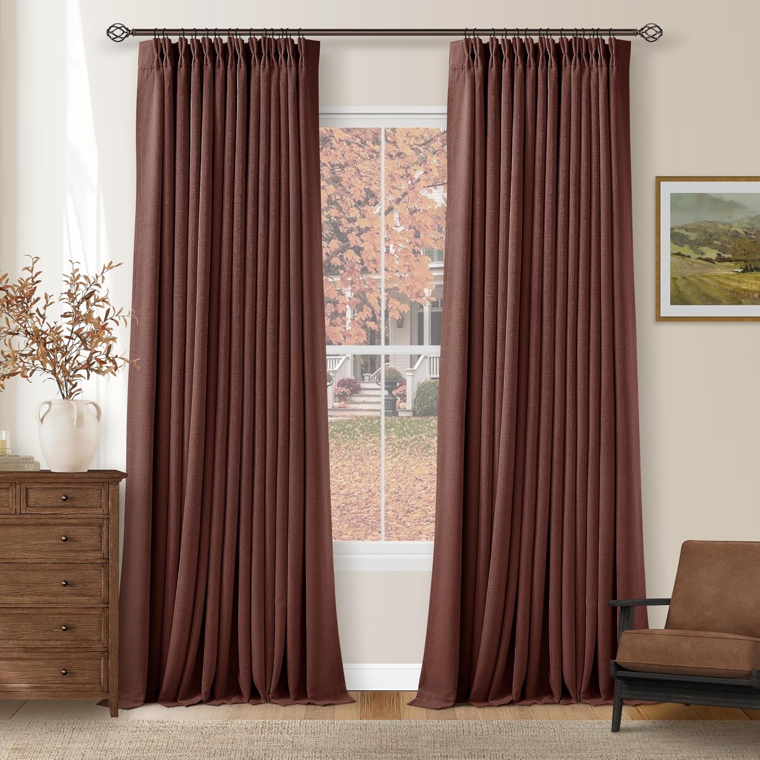 Twodrapes Brick Brown Pinch Pleated Blackout Linen Curtains 120 Inches Long for Living Room Bedroom 2 Panels Room Darkening Thermal Insulat…