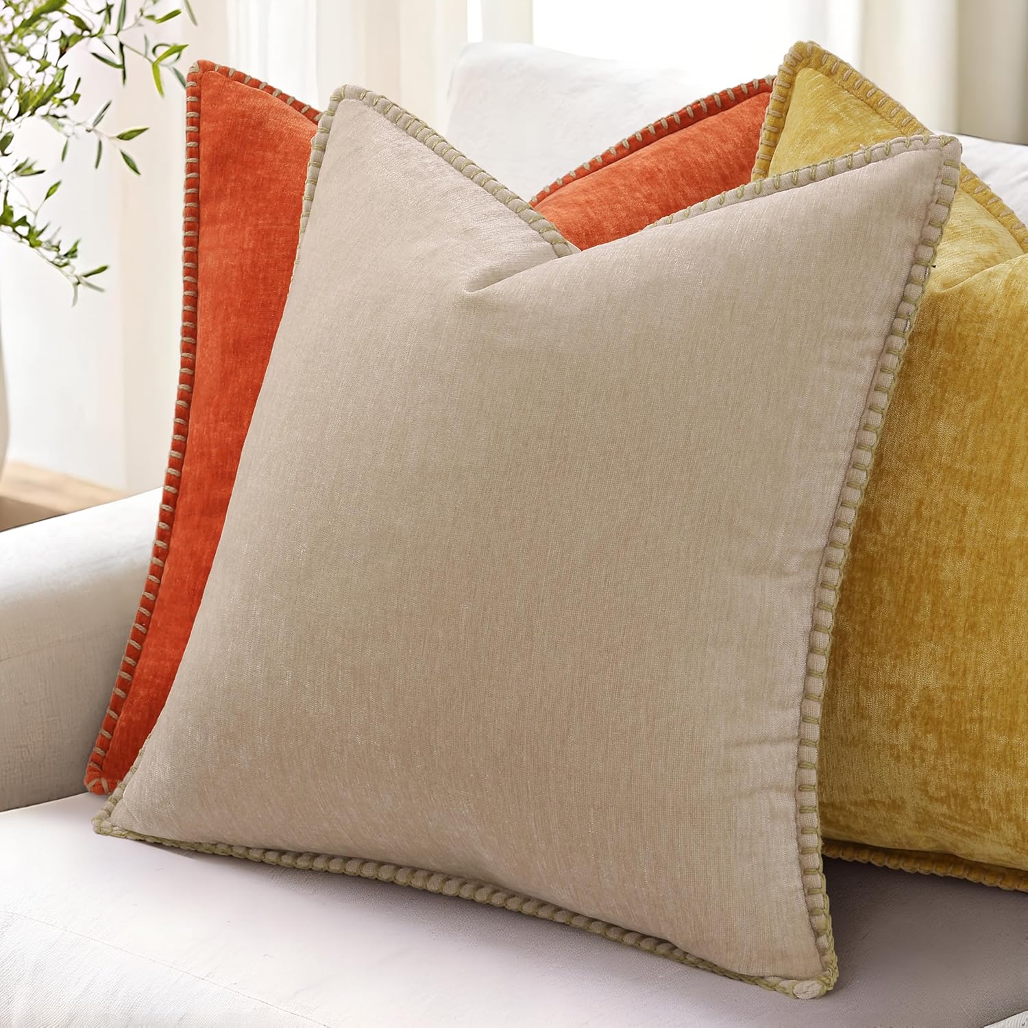 decorUhome Summer Chenille Soft Cozy Throw Pillow Covers 22x22 Set of 2, Modern Farmhouse Boho Velvet Decorative Euro Sham Pillow Cases wit…