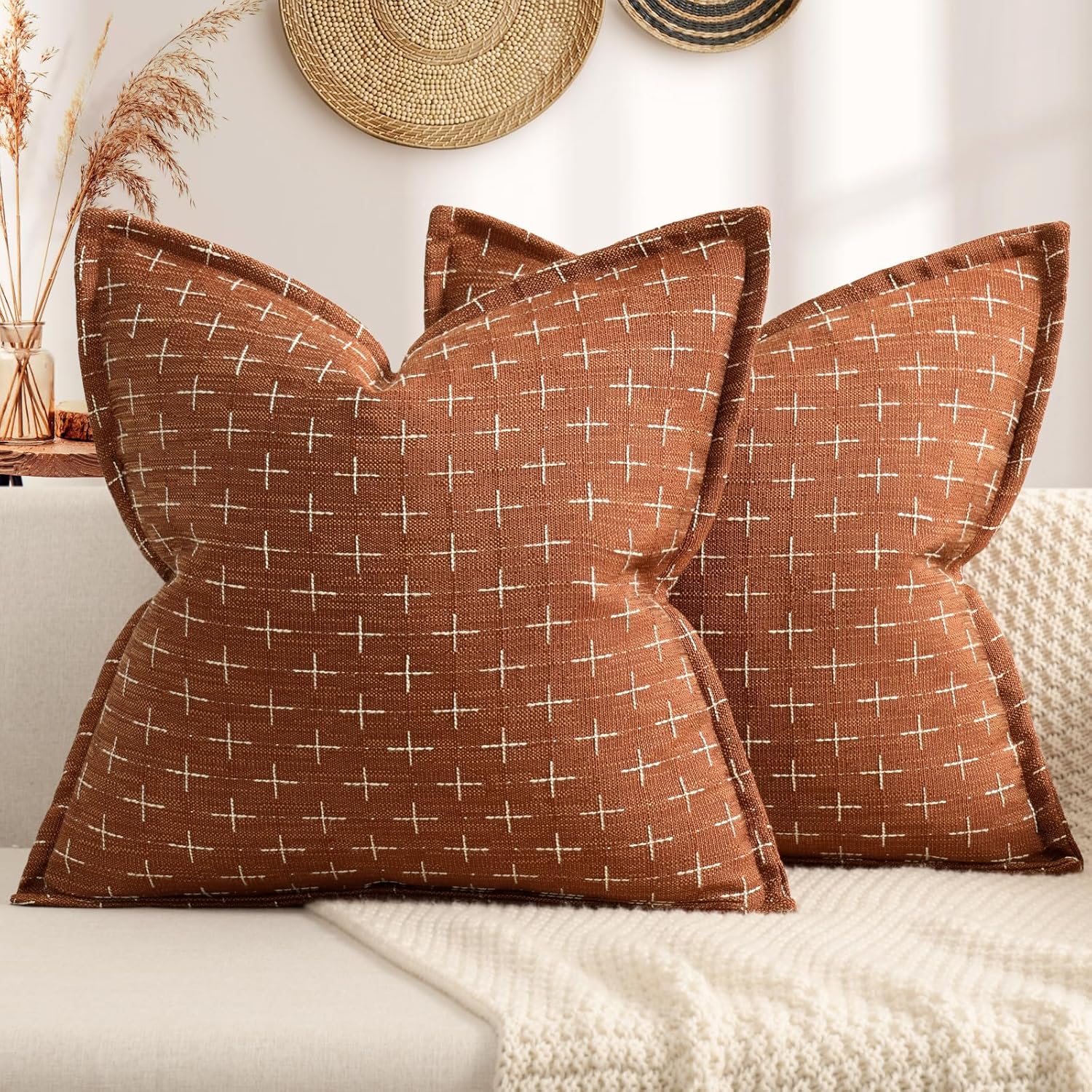 Zwjd Fall Pillow Covers 18x18 Set of 2 Soft Polyester Textured Rust Pillow Covers with Stylish Flange Edge Cozy Farmhouse Throw Pillows for…