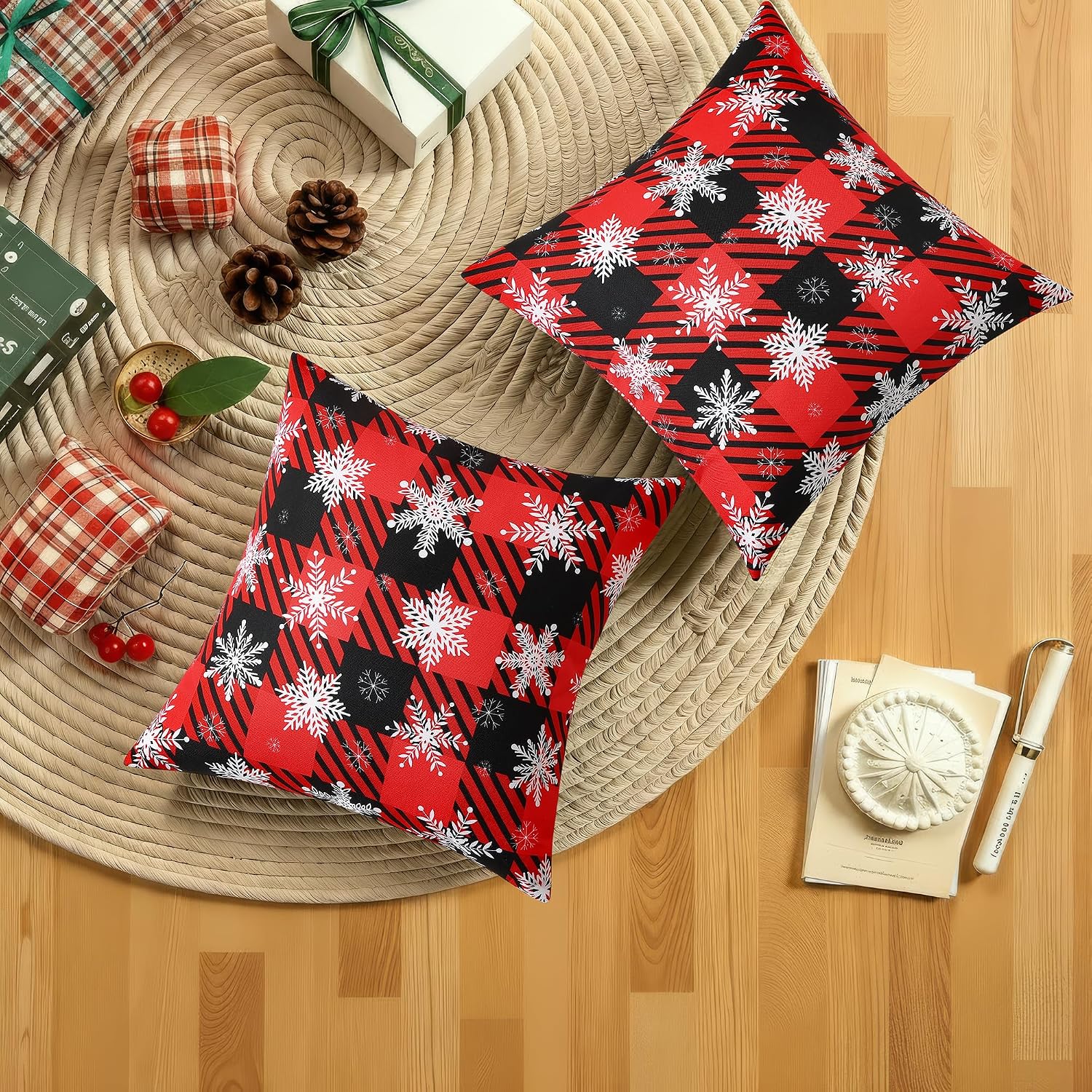 decorUhome Summer Black and Red Snowflake Linen Decorative Throw Pillow Covers 12x20 Set of 2 Lumbar Buffalo Plaid Check Farmhouse Gingham…