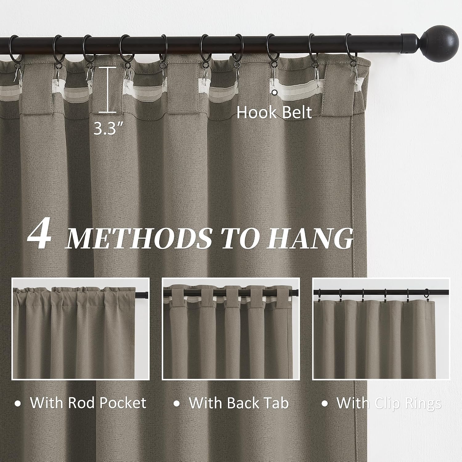 Keqiaosuocai Taupe Blackout Curtains Linen 72 Inch Length Set of 2 Panels Back Tab Rod Pocket Hook Belt Rustic Farmhouse Country Vintage De…