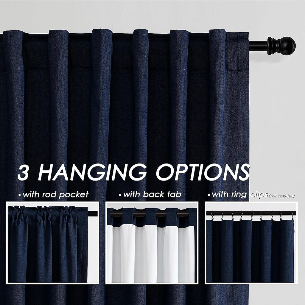 Nanspring Navy Blue 100% Blackout Linen Curtains 84 Inch Length 2 Panels Set for Bedroom Back Tab Modern Luxury Nautical Decor Black Out Cu…