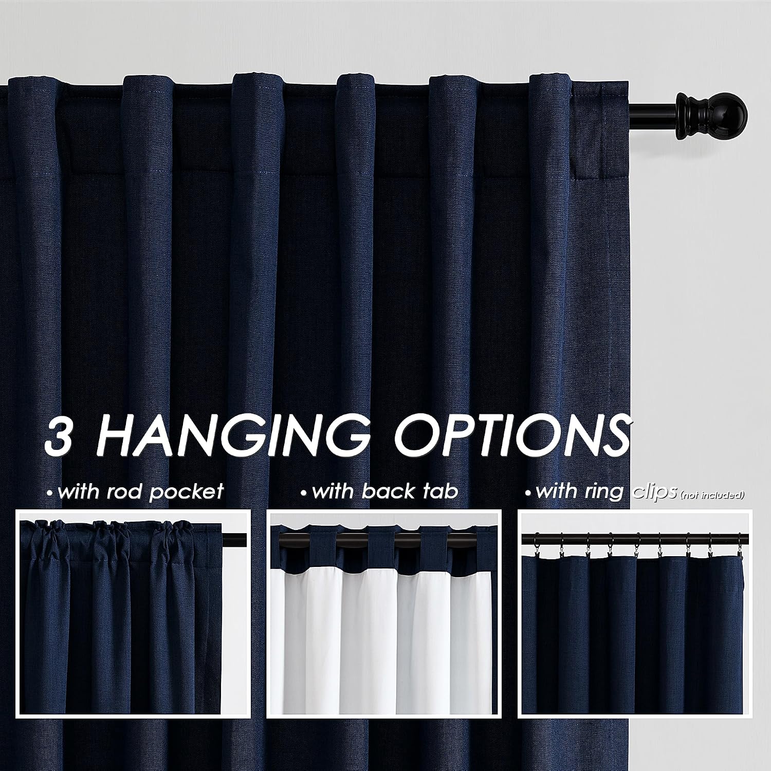 Nanspring Navy Blue 100% Blackout Linen Curtains for Bedroom 100 Inches Long Back Tab Thermal Insulated Modern Luxury Nautical Decor Black…