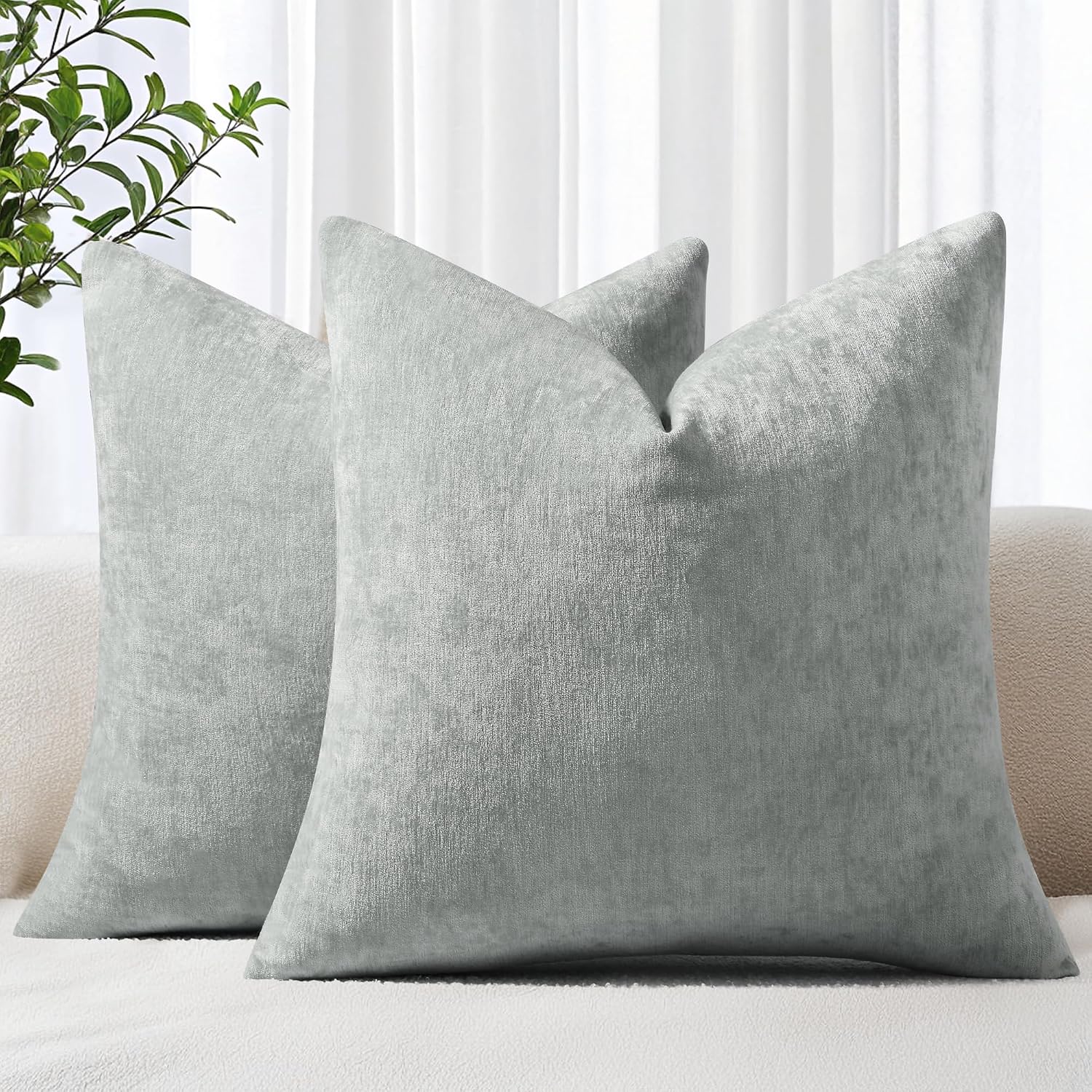 decorUhome Chenille Grey Throw Pillow Covers 16x16 Inch Set of 2, Decorative Soft Couch Pillow Covers Solid Dyed Accent Farmhouse Neutral S…