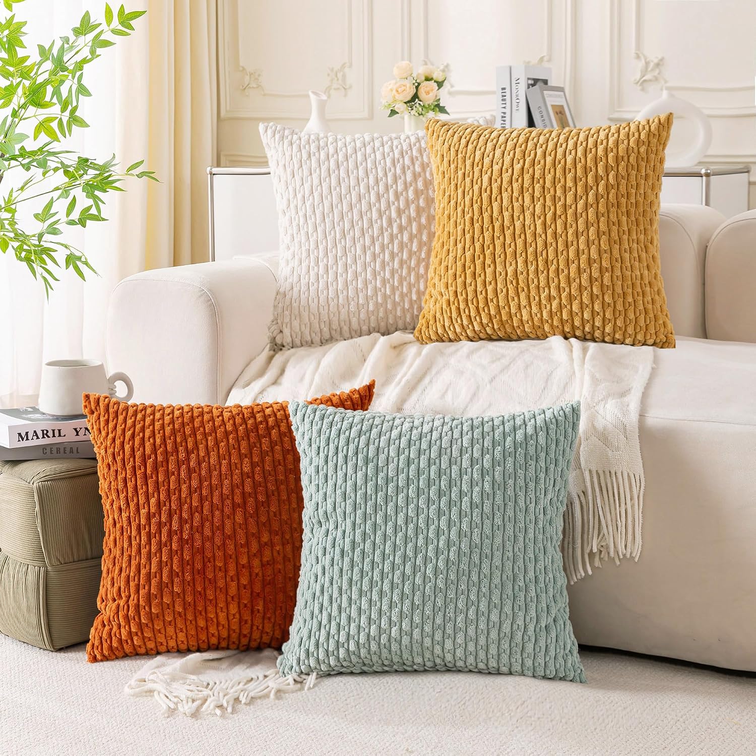 Cozoomy Set of 4 Yellow Rust Aqua Decorative Throw Pillow Covers 26x26 Inch Corduroy Pillow Covers for Bed Couch Sofa Living Room Soft Squa…