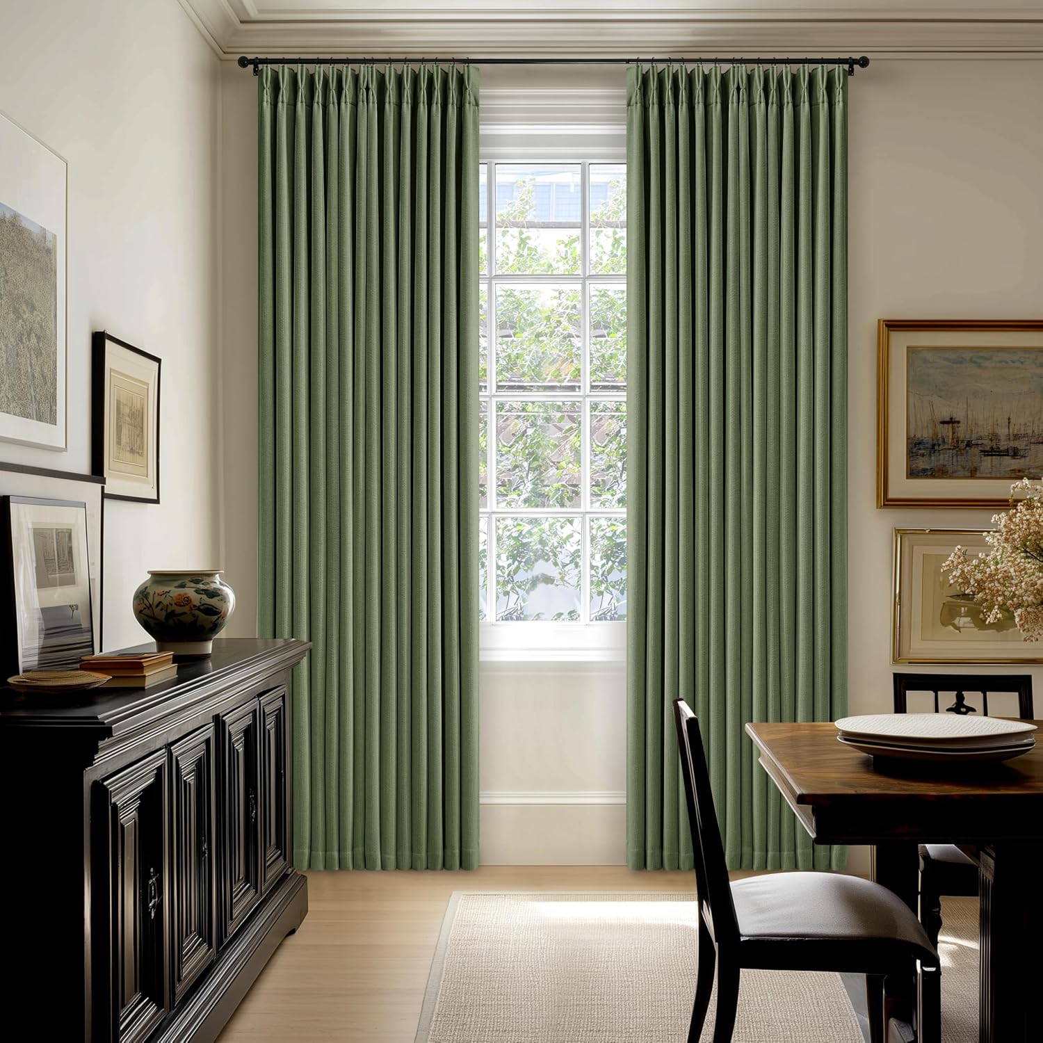 Twodrapes Thick Linen Olive Green Blackout Curtains 90 Inches Long for Living Room Bedroom 100% Black Out Pinch Pleated Drapes Double Layer…