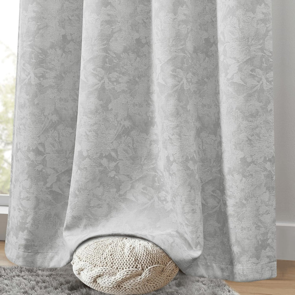 Beauoop Grey Floral Jacquard Blackout Curtains 63 Inches Long 2 Panels for Bedroom Living Room Gray Flower Chenille Room Darkening…