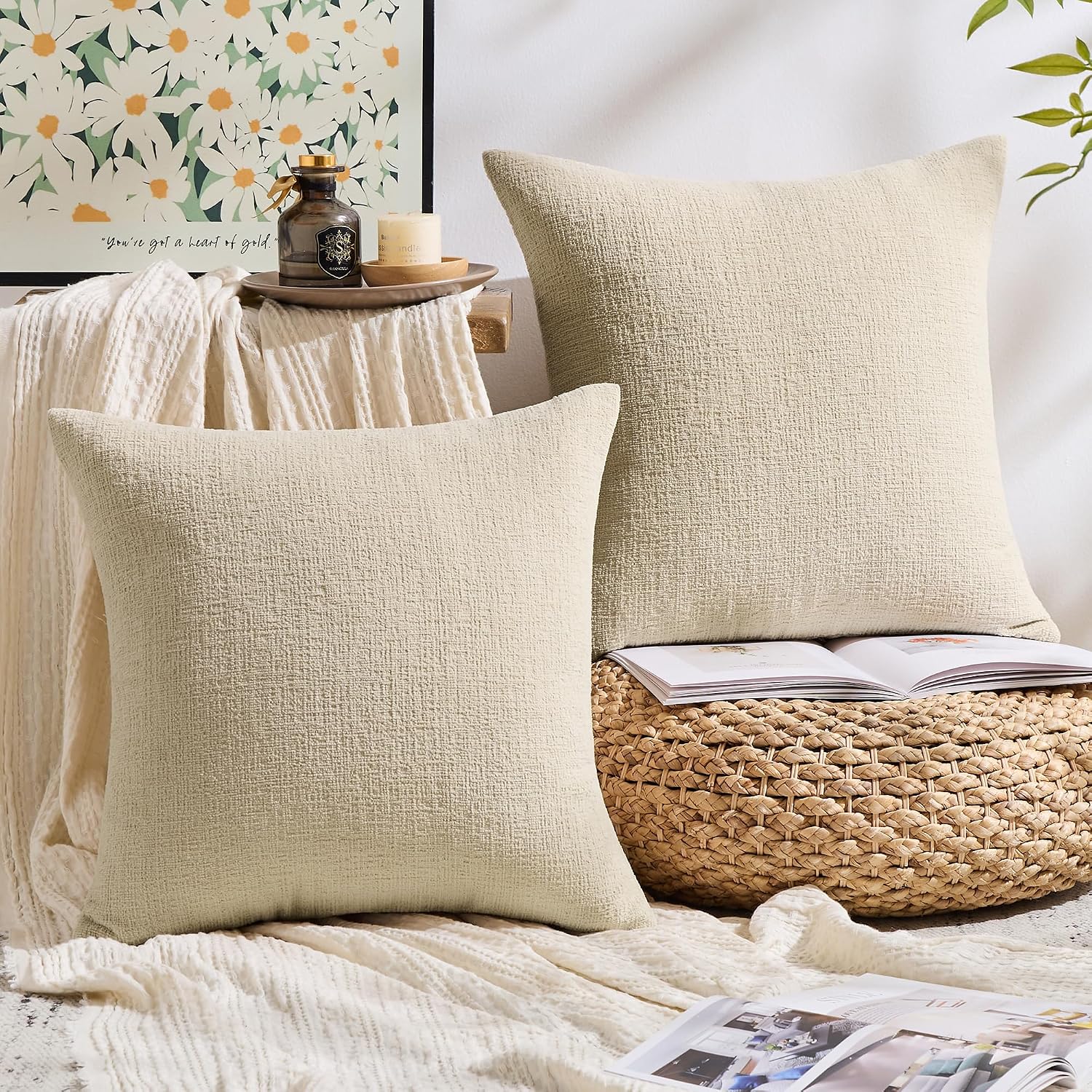 Gawamay Set of 2 Soft Textured Chenille Throw Pillow Covers 26x26 Inch (66x66 CM), Decorative Pillowcases Cushion Covers for Farmhouse Home…