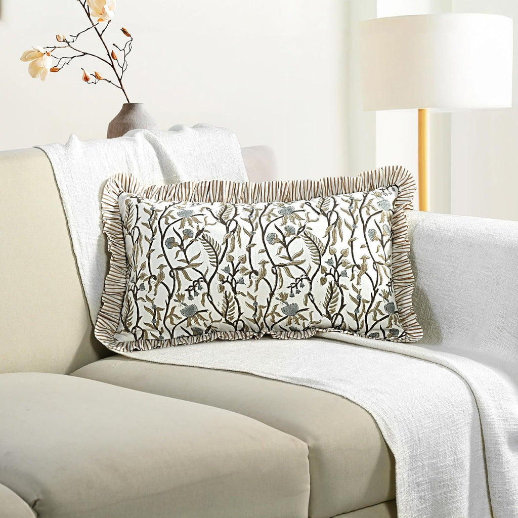 Cottonprintclub CPC Hand Block Print Cocoa Vine Ruffle Sham Pillow Cover 20" x 12" inch Hidden Zipper Decorative Pillowcase for Couch, Bed,…
