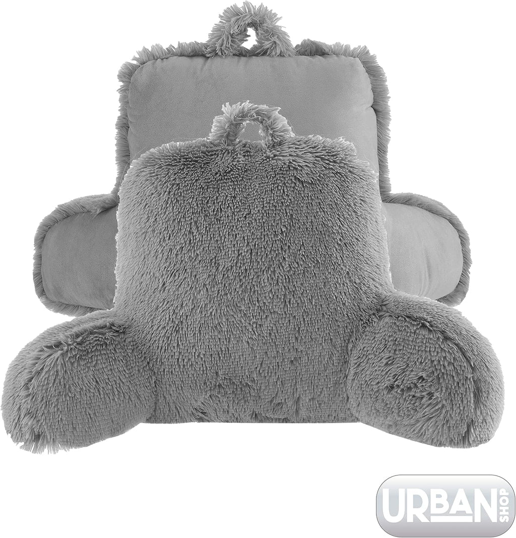 Urban Lifestyle Decorative and Supportive Backrest Reading Bed Pillow, Ultra Soft Long Hair Faux Fur Reverse to Mink Fabric, Grey