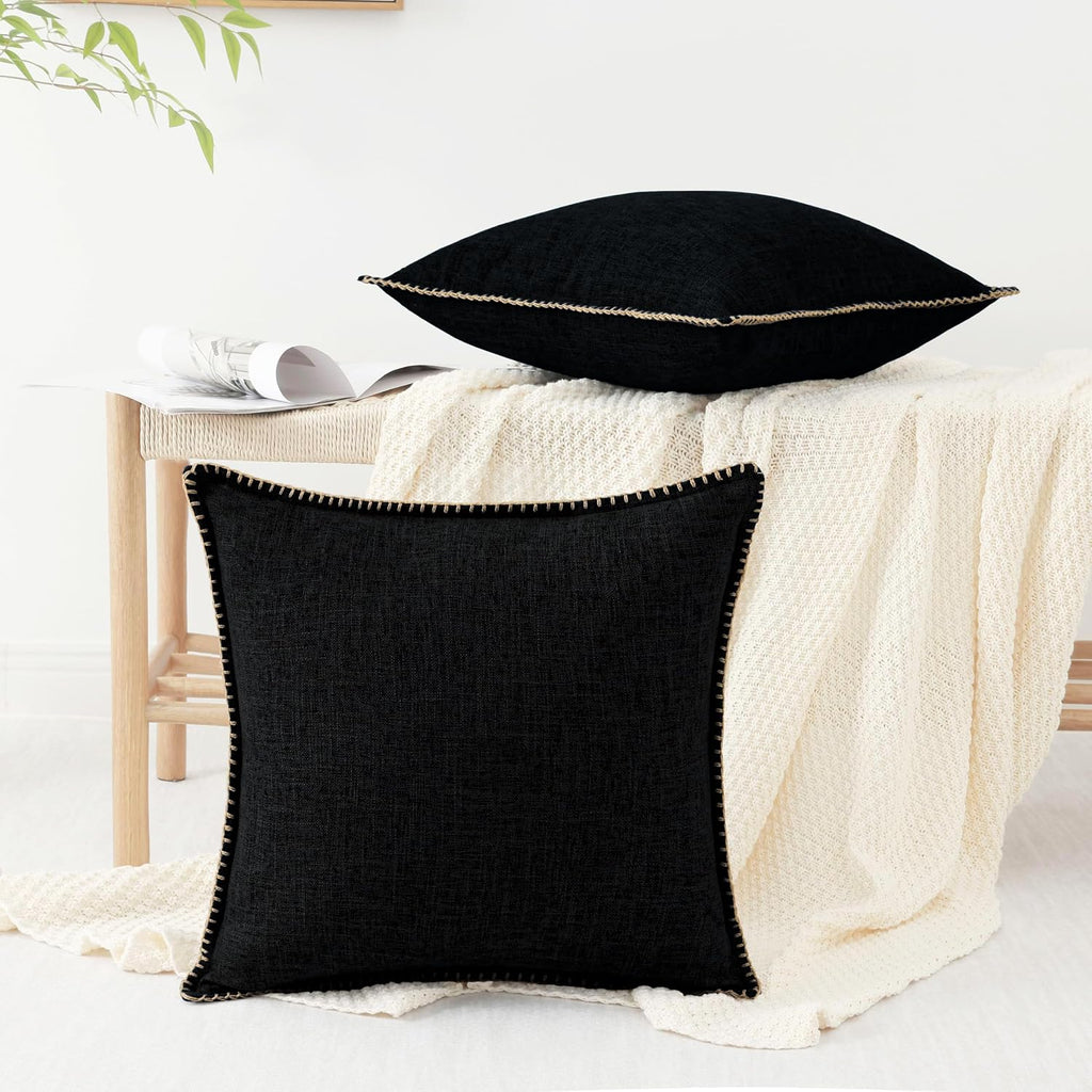 decorUhome Summer Decorative Throw Pillow Covers 20x20 Set of 2 Square Faux Linen Outdoor Neutral Farmhouse Pillow Covers with Stitched…