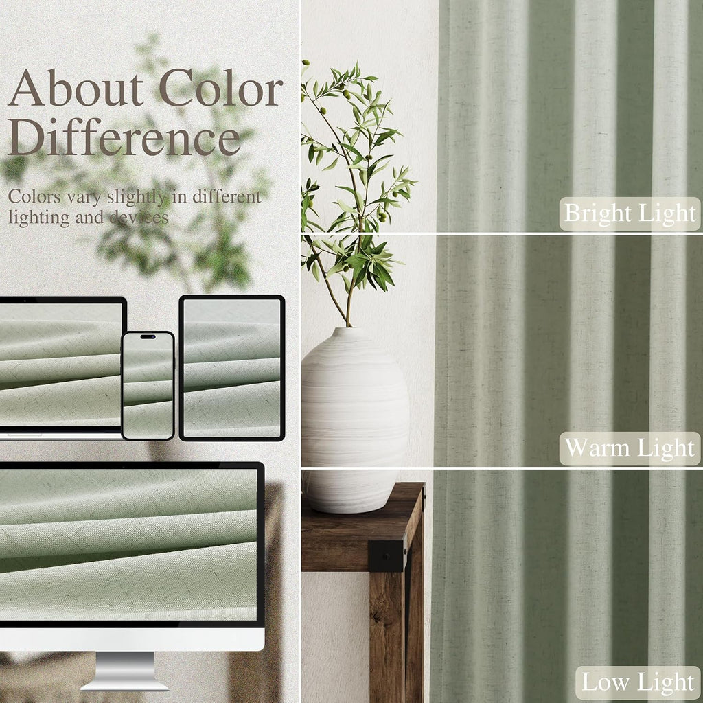 Nanspring Mist Sage 100% Blackout Linen Curtains for Bedroom 84 Inch Length 2 Panels Set Back Tab Thermal Insulated Boho Black Out Curtain…