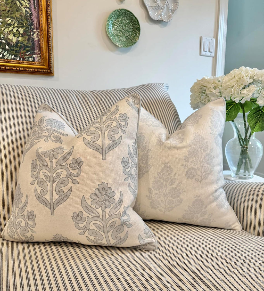 Jillien Harbor “The Patty” Floral Block Print Pillow Cover – Neutral Gray Decorative Throw Pillow Cover with White Background –…