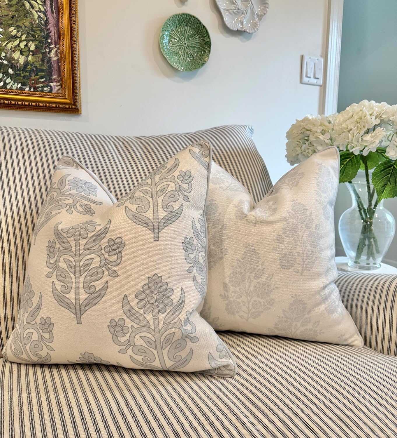 Jillien Harbor “The Patty” Floral Block Print Pillow Cover – Neutral Gray Decorative Throw Pillow Cover with White Background –…