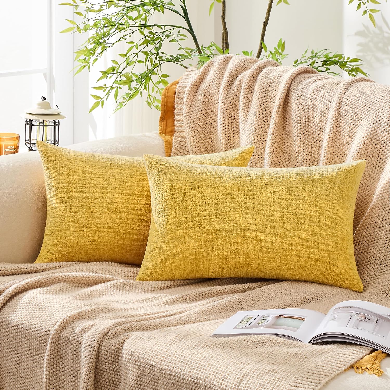 Gawamay Set of 2 Decorative Lumbar Soft Chenille Throw Pillow Covers 12x20 Inch (30x50 CM), Boho Farmhouse Cushion Cases, Couch Pillow Cove…