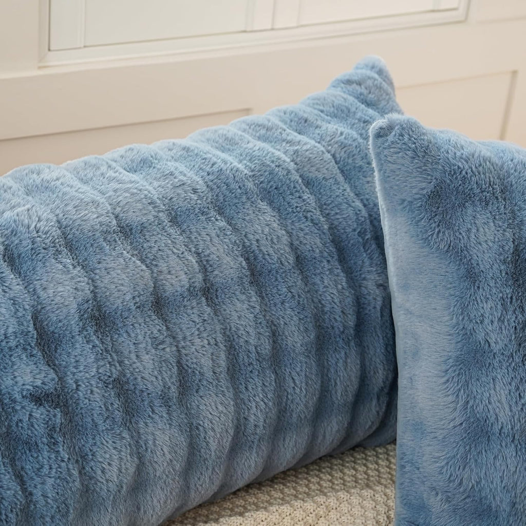 Uhamho Set of 2 Faux Fur Pillowcases, Luxury Bubble Waffle Carved Plush King Size Pillow Shams Soft and Furry, Zipper Closure (Dusty Blue,…