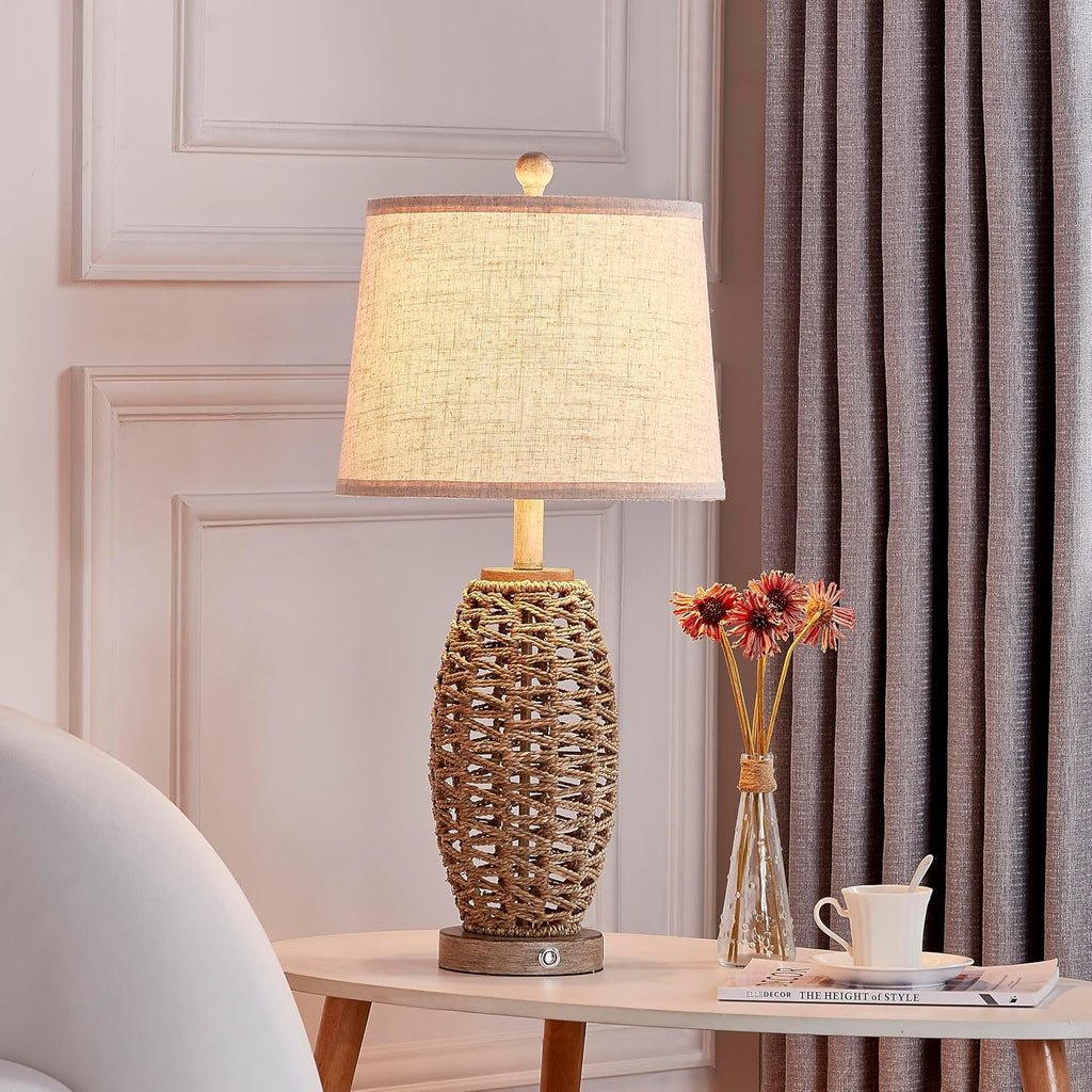 27” Natural Rattan Table Lamps Set of 2, Touch Switch,3-Way Dimmable Bedside Lamps, with A+C USB Charging Ports, Oatmeal…