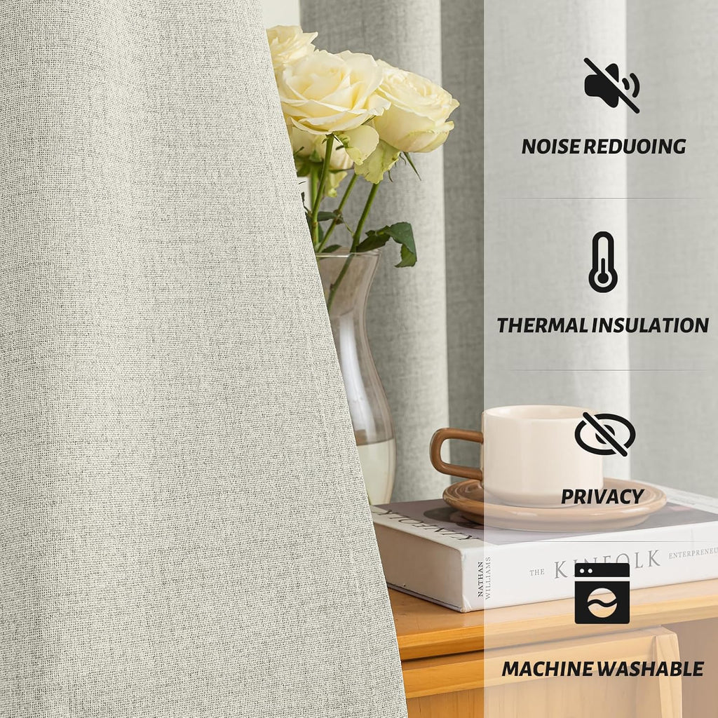 Yakamok Cream Linen Curtains 100% Blackout 84 Inches Long, Room Darkening Textured Drapes for Living Room Thermal Grommet Bedroom Curtains 2…