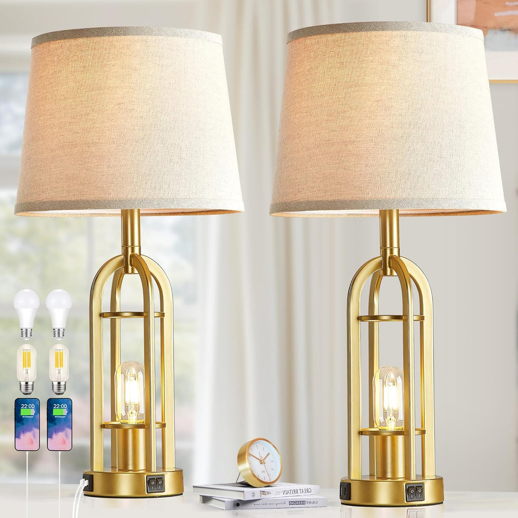 SRJJA Gold Table Lamps for Living Room Set of 2 - Modern Farmhouse Bedside Lamps for Bedroom Night Stands with Nightlight and USB A+C…