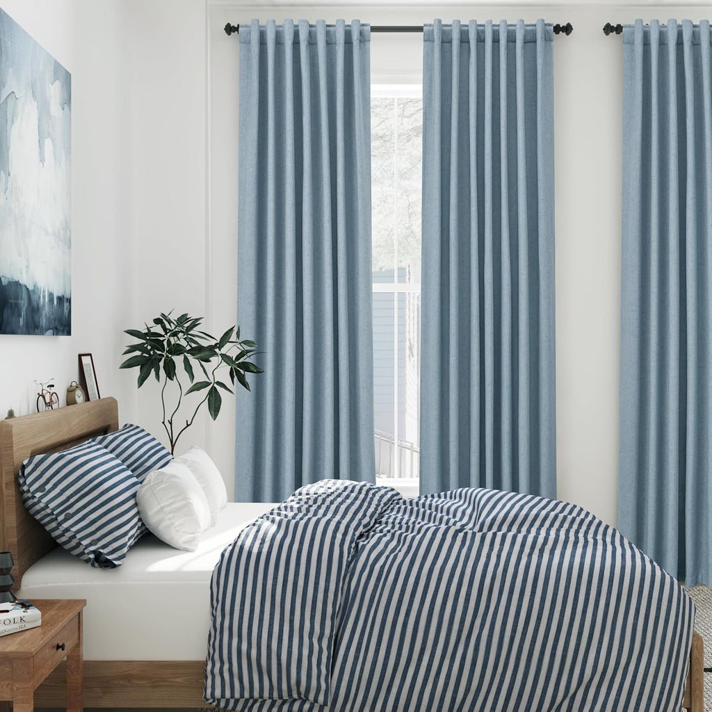 Nanspring Blue 100% Blackout Linen Curtains 108 Inches Long for Bedroom Back Tab Thermal Insulated Luxury Modern Farmhouse Decor Black Out…