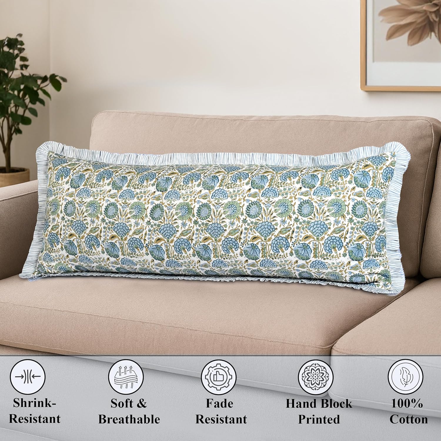 Ridhi Block Print Asparagus Green 54"x20" Set 1-100% Cotton Ruffle Lumbar Sham Cover Boho Floral Pillowcase, Farmhouse Cottagecore…
