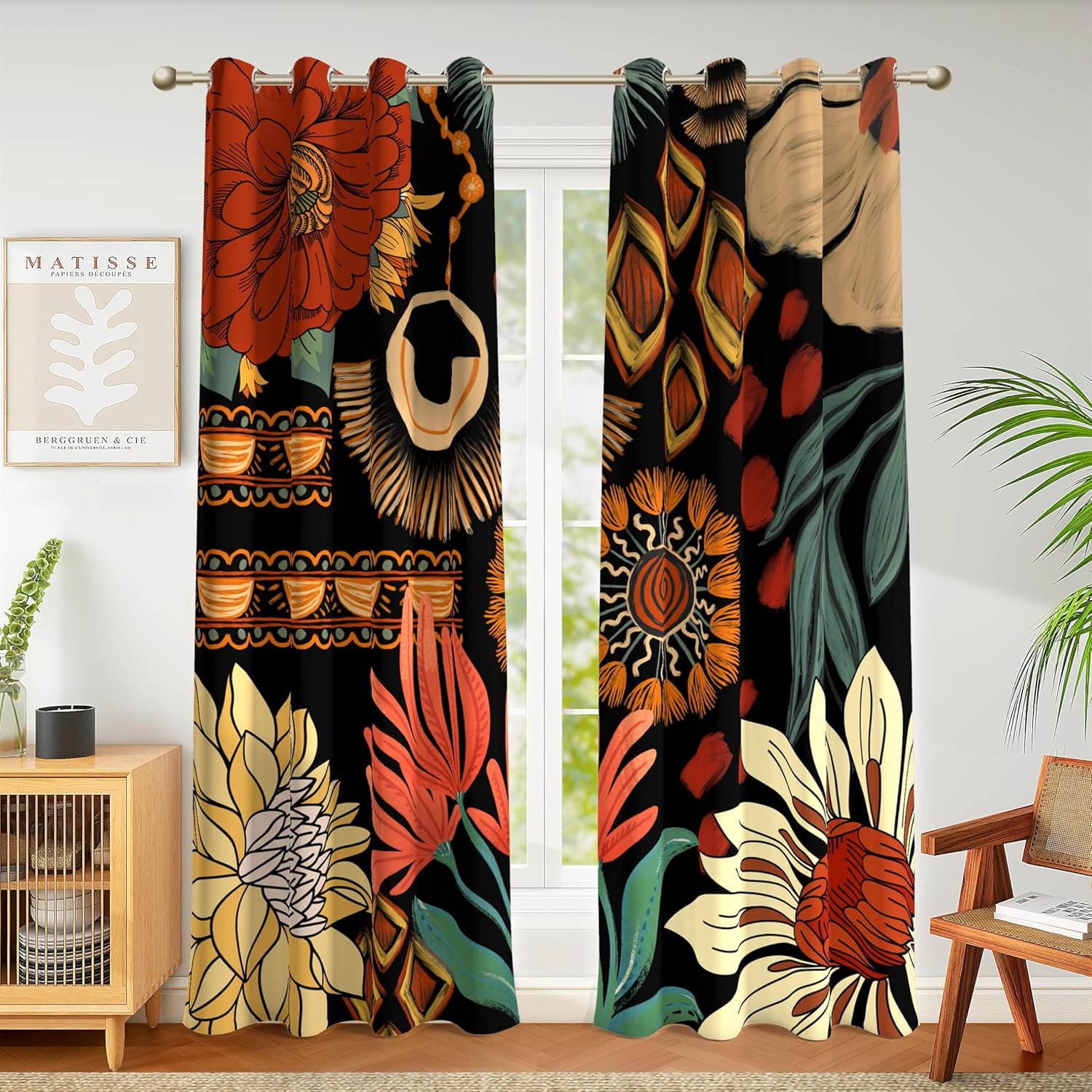 Tyrot 100% Blackout Black Boho Floral Curtains for Living Room 84 inch Long 2 Panels Farmhouse Mid Century Black Out Curtains for Bedroom…