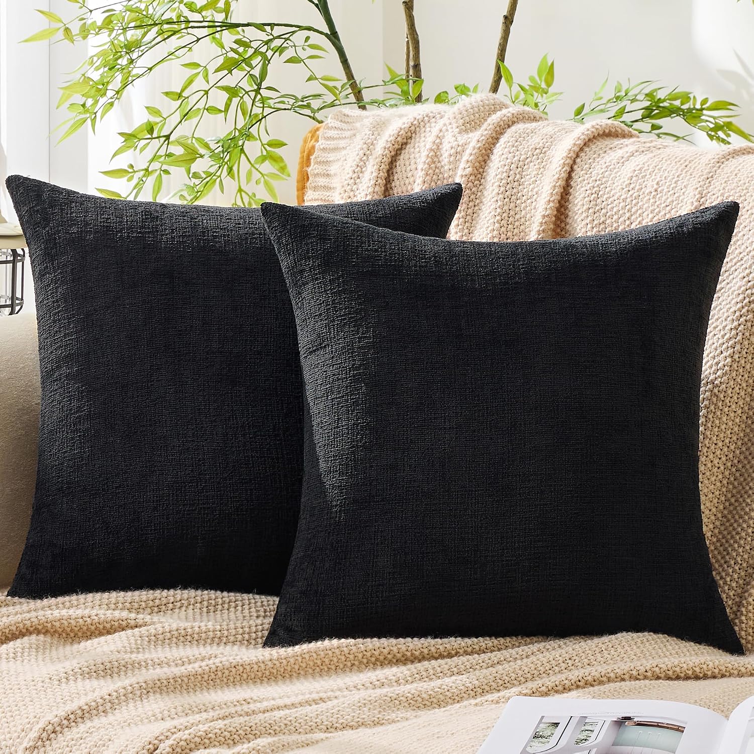 Gawamay Set of 2 Soft Textured Chenille Throw Pillow Covers 16x16 Inch (40x40 CM), Decorative Pillowcases Cushion Covers for Farmhouse Home…